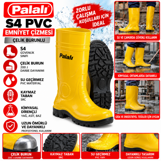 Palalı S4 PVC Çelik Burunlu Emniyet Çizmesi