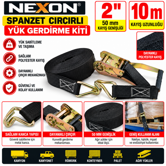 NEXON 2'' 10 Metre Spanzet Cırcırlı Yük Gerdirme Kiti