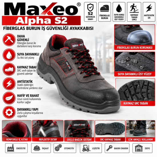 Maxeo Alpha S2 Fiberglas Burun İş Güvenliği Ayakkabısı