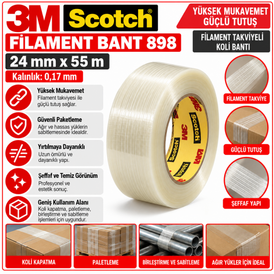 Scotch® Filament Bant 898, Şeffaf, 24 mm x 55 m, 0.17 mm