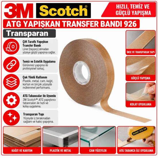 Scotch® ATG Yapışkan Transfer Bandı 926, Transparan,