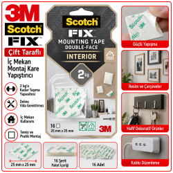 Scotch-FIX™ Çift Taraflı İç Mekan Montaj Kare Yapıştırıcı 4496-ST16-P, 25 mm x 25 mm, 16 şerit/paket