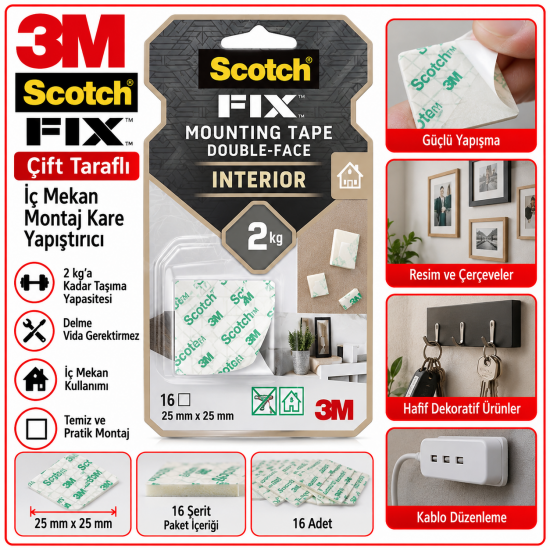 Scotch-FIX™ Çift Taraflı İç Mekan Montaj Kare Yapıştırıcı 4496-ST16-P, 25 mm x 25 mm, 16 şerit/paket