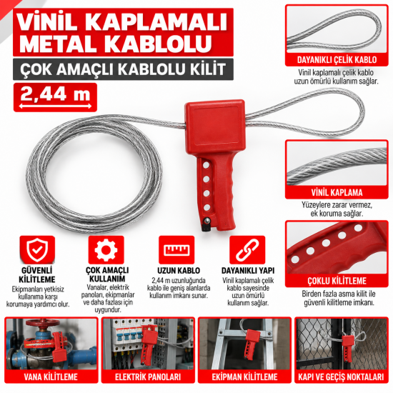 Vinil Kaplamalı Metal Kablolu Çok Amaçlı Kablolu Kilit - 2,44 m