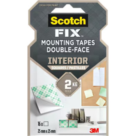 Scotch-FIX™ Çift Taraflı İç Mekan Montaj Kare Yapıştırıcı 4496-ST16-P, 25 mm x 25 mm, 16 şerit/paket